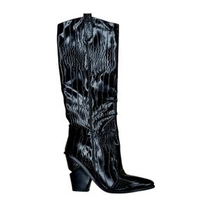 Black Croc Embossed Knee High Boots Cutout Sculpture Heel Patent Leather Vegan